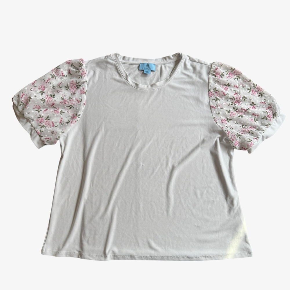 CeCe Women's Floral Sheer Puff Sleeve Crew Neck Blouse White Size XL